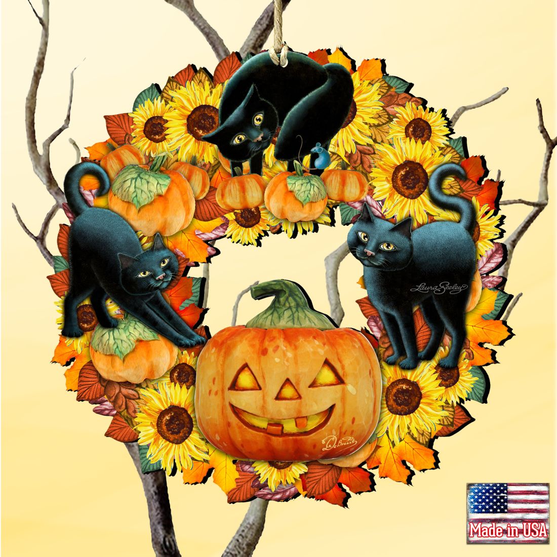 Halloween Cats Wreath Wooden Ornaments by G. DeBrekht and L. Seeley- Thanksgiving Halloween Decor - 8185305-4-SL