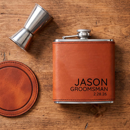 Leather Flask - Custom Engraved Stainless Steel Flask With Durable Leather Sleeve