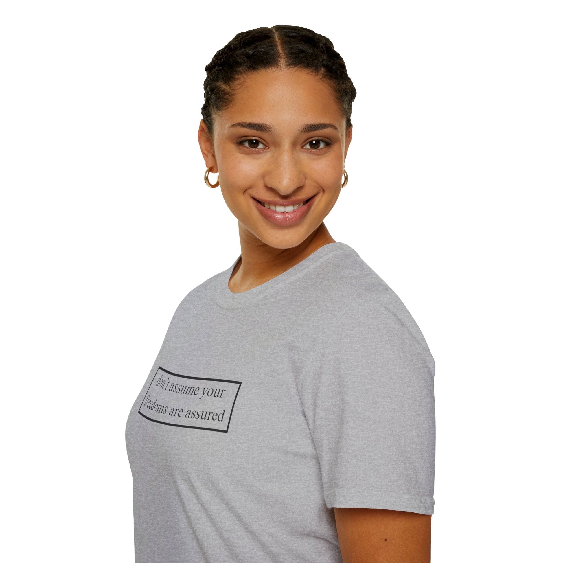 don't assume your freedoms are assured LTcolors Unisex T-Shirt by cypherpunkgear – cypherpunkgear.com | Cypherpunk Merch