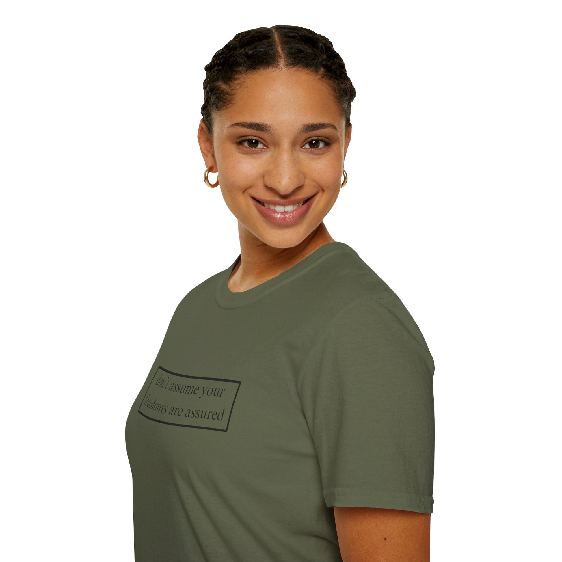 don't assume your freedoms are assured LTcolors Unisex T-Shirt by cypherpunkgear – cypherpunkgear.com | Cypherpunk Merch