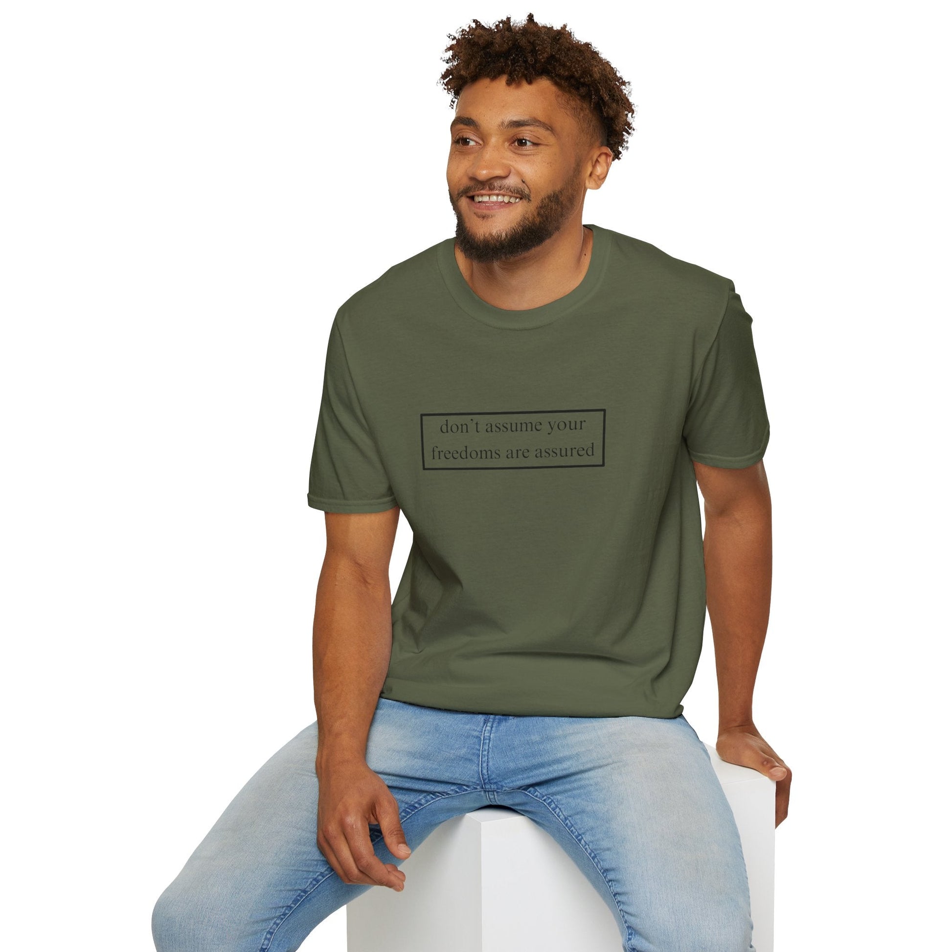 don't assume your freedoms are assured LTcolors Unisex T-Shirt by cypherpunkgear – cypherpunkgear.com | Cypherpunk Merch
