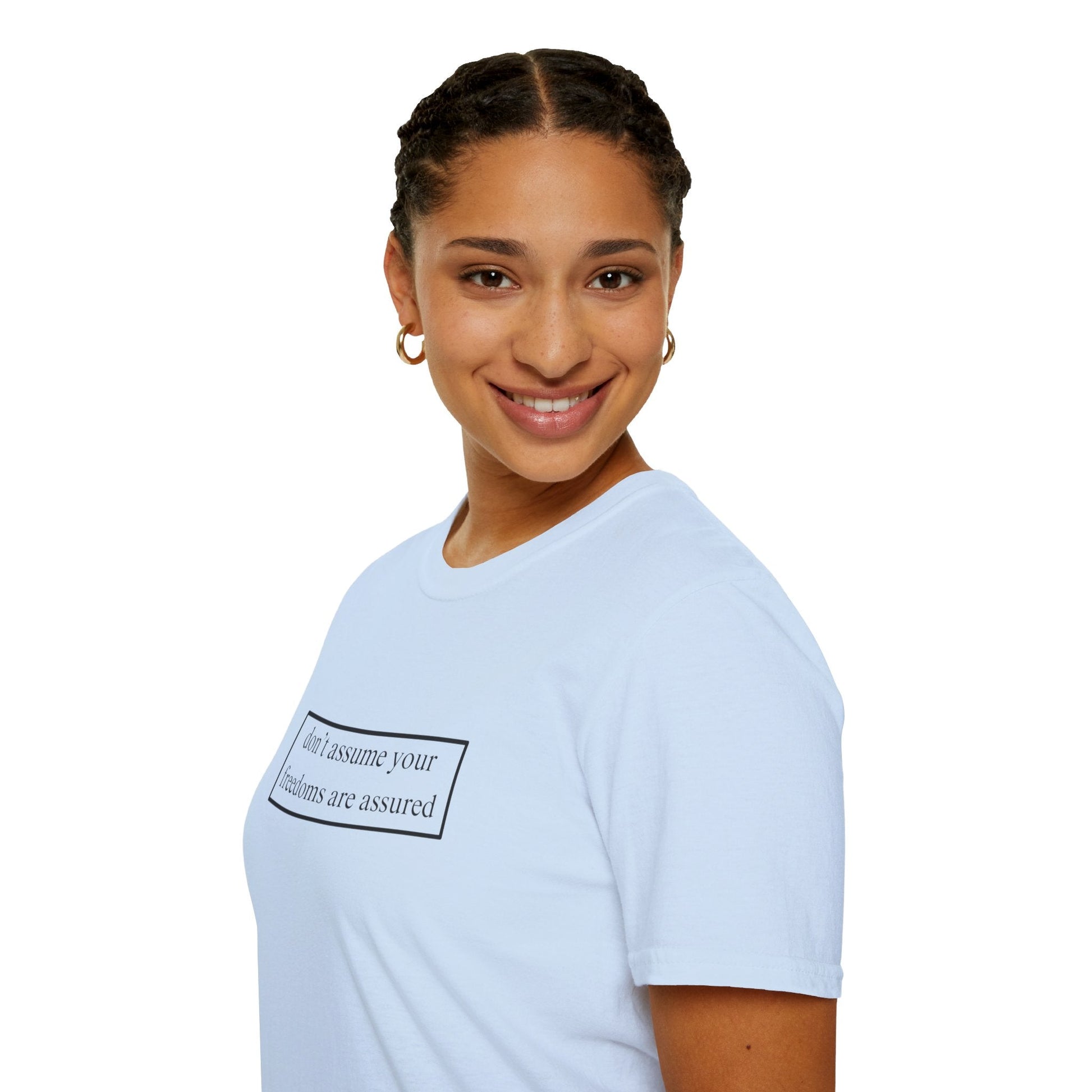 don't assume your freedoms are assured LTcolors Unisex T-Shirt by cypherpunkgear – cypherpunkgear.com | Cypherpunk Merch
