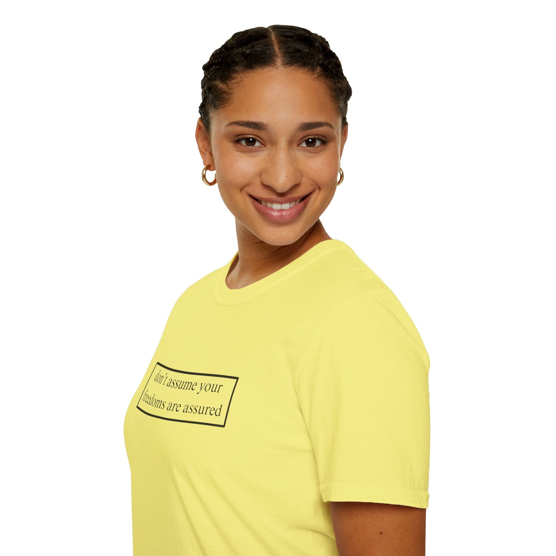 don't assume your freedoms are assured LTcolors Unisex T-Shirt by cypherpunkgear – cypherpunkgear.com | Cypherpunk Merch
