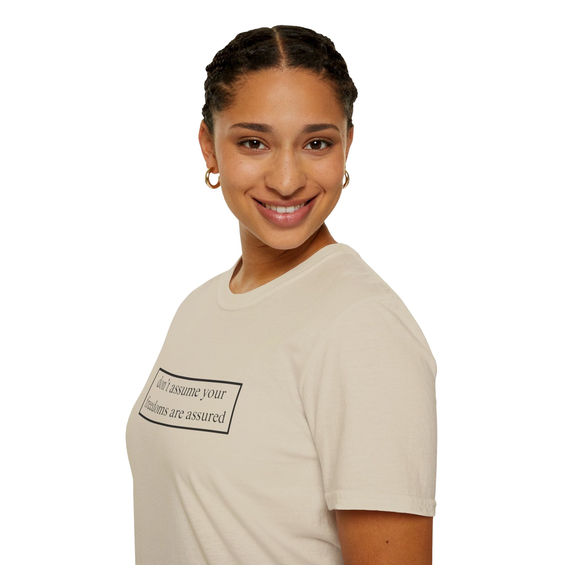 don't assume your freedoms are assured LTcolors Unisex T-Shirt by cypherpunkgear – cypherpunkgear.com | Cypherpunk Merch