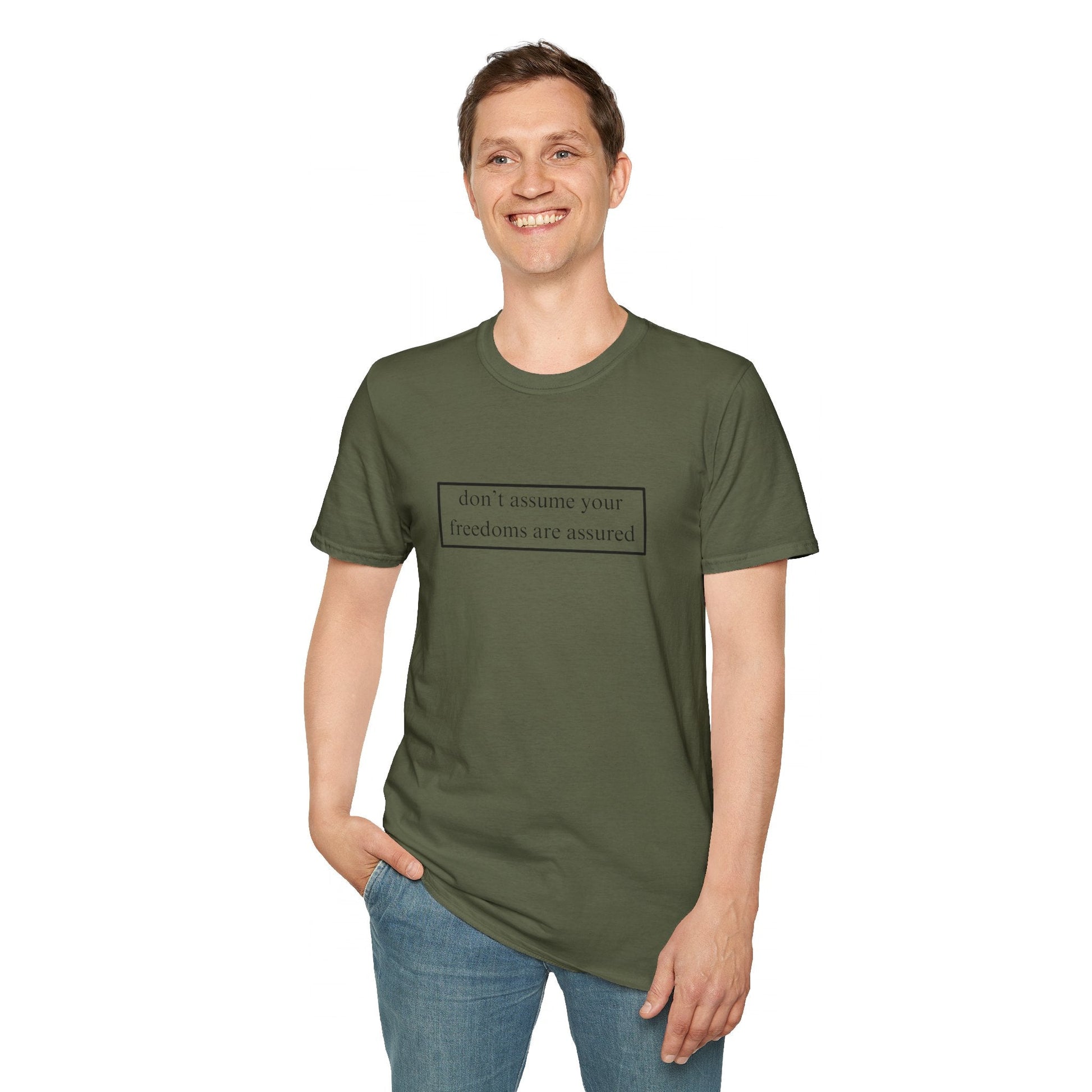 don't assume your freedoms are assured LTcolors Unisex T-Shirt by cypherpunkgear – cypherpunkgear.com | Cypherpunk Merch