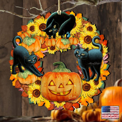 Halloween Cats Wreath Wooden Ornaments by G. DeBrekht and L. Seeley- Thanksgiving Halloween Decor - 8185305-4-SL