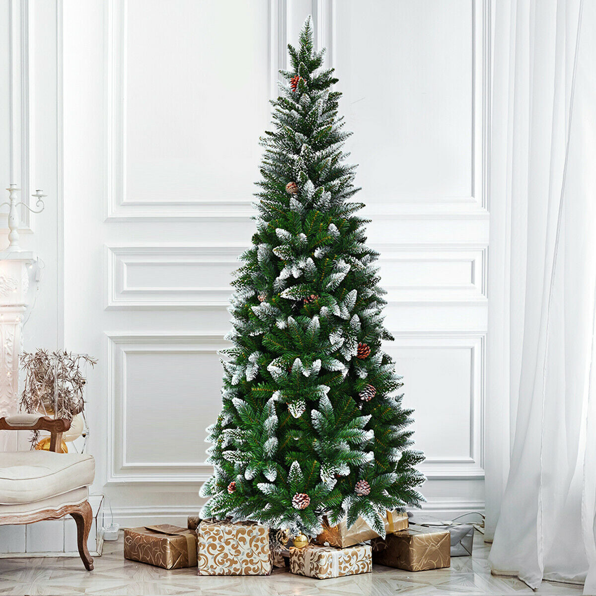 5/6/7.5 Feet Artificial Pencil Christmas Tree with Pine Cones