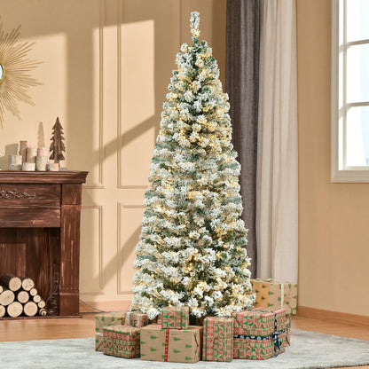 HOMCOM 6ft Pre-Lit Snow-Flocked Slim Douglas Fir Christmas Tree