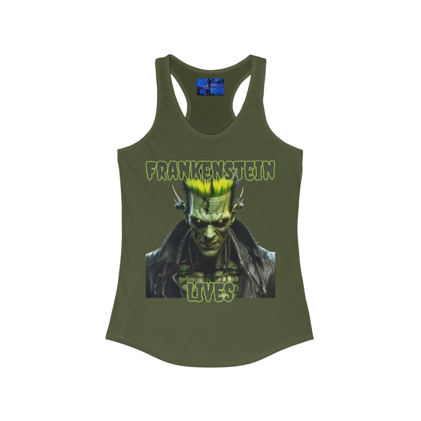 Frankenstein Lives Women's Racerback Tank Top by cypherpunkgear – cypherpunkgear.com | Cypherpunk Merch
