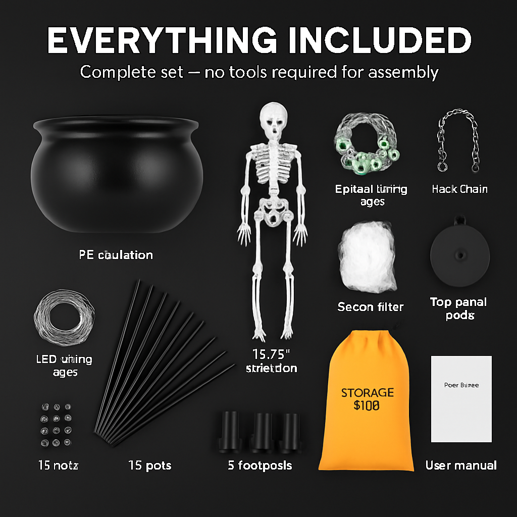Halloween Large Witch Cauldron With 56.49” Tripod And Eyeball String Light Skeleton Halloween Outdoor Decoration For Porch Yard Patio Garden Living Ro