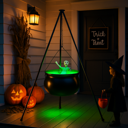 Halloween Large Witch Cauldron With 56.49” Tripod And Eyeball String Light Skeleton Halloween Outdoor Decoration For Porch Yard Patio Garden Living Ro
