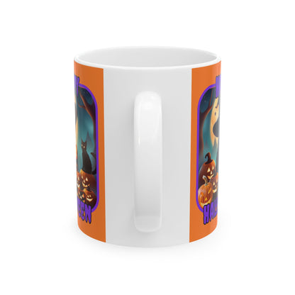 Happy Halloween Cute Witch PRfont Orange Mug by cypherpunkgear – cypherpunkgear.com | Cypherpunk Merch