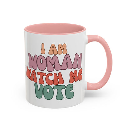 I Am Woman Watch Me Vote Accent Mug by cypherpunkgear – cypherpunkgear.com | Cypherpunk Merch