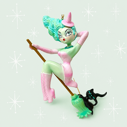Loretta 6.5" Pastel Candy Witch on Broom Ornament | Miss Fluff December Diamonds