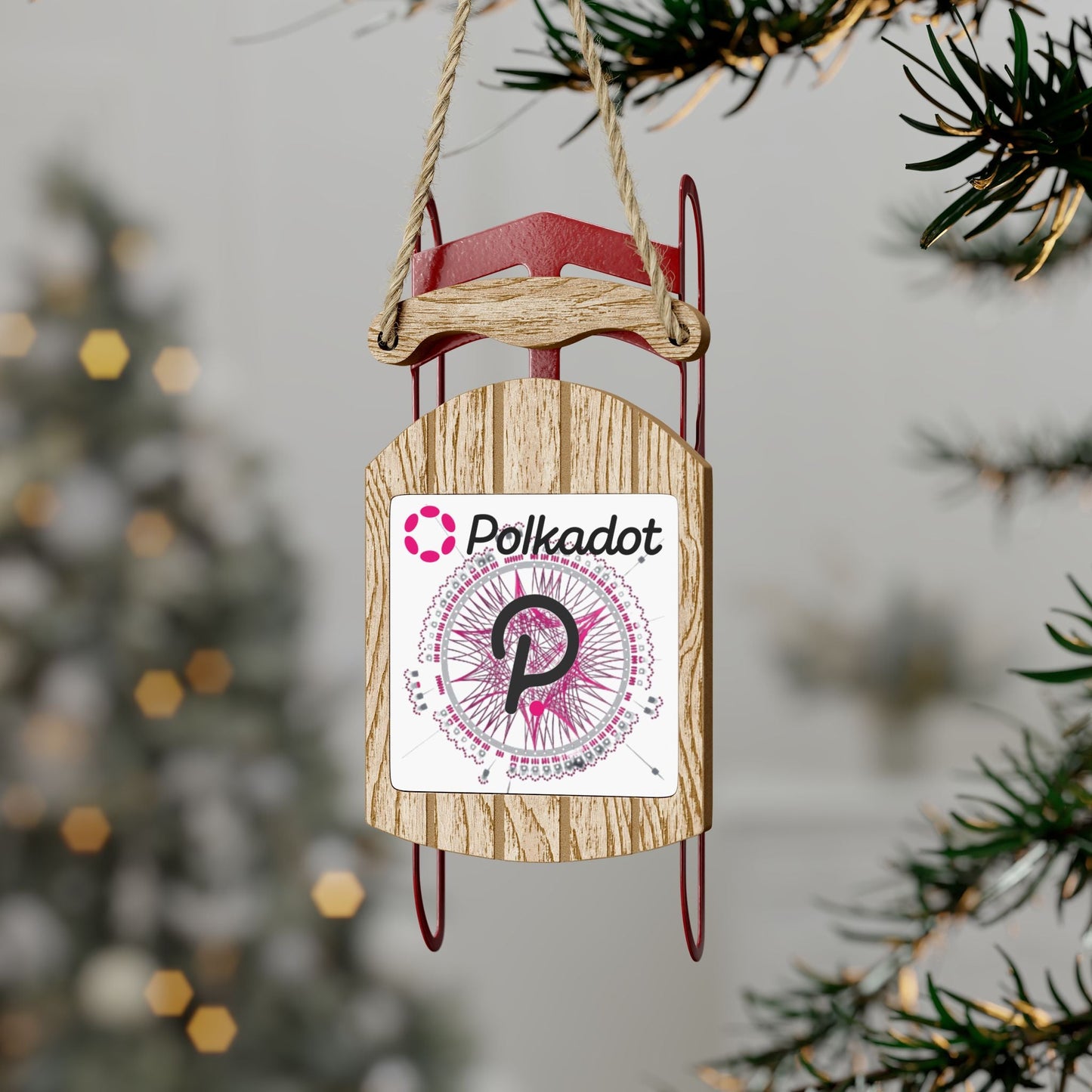 Polkadot (DOT) White BG Sled Ornament by cypherpunkgear – cypherpunkgear.com | Cypherpunk Merch