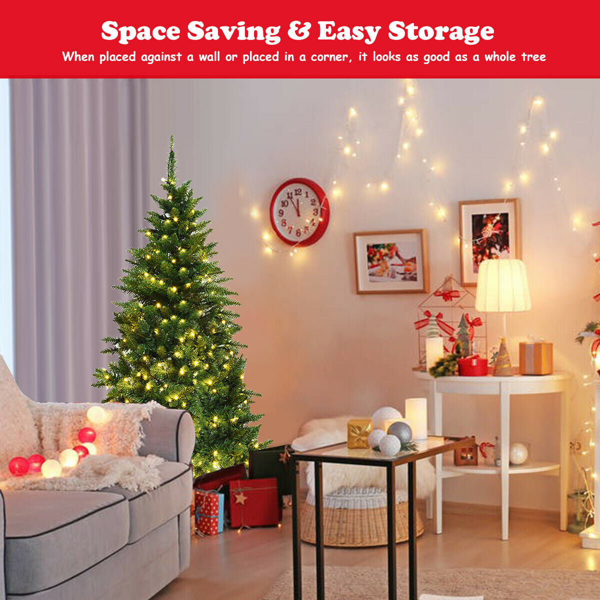 Pre-Lit Artificial Half National Christmas Tree with 8 Flash Modes