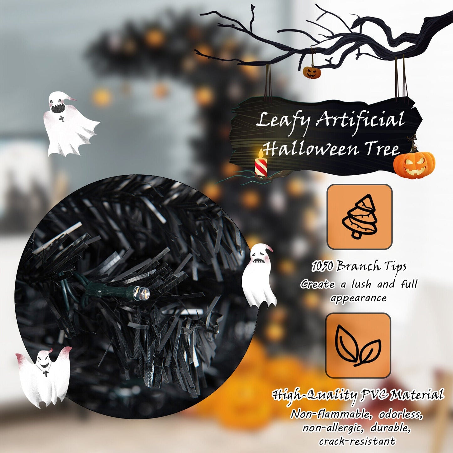 7 Feet Pre-Lit Black Halloween Tree with 8 Flash Modes and 400 Lights