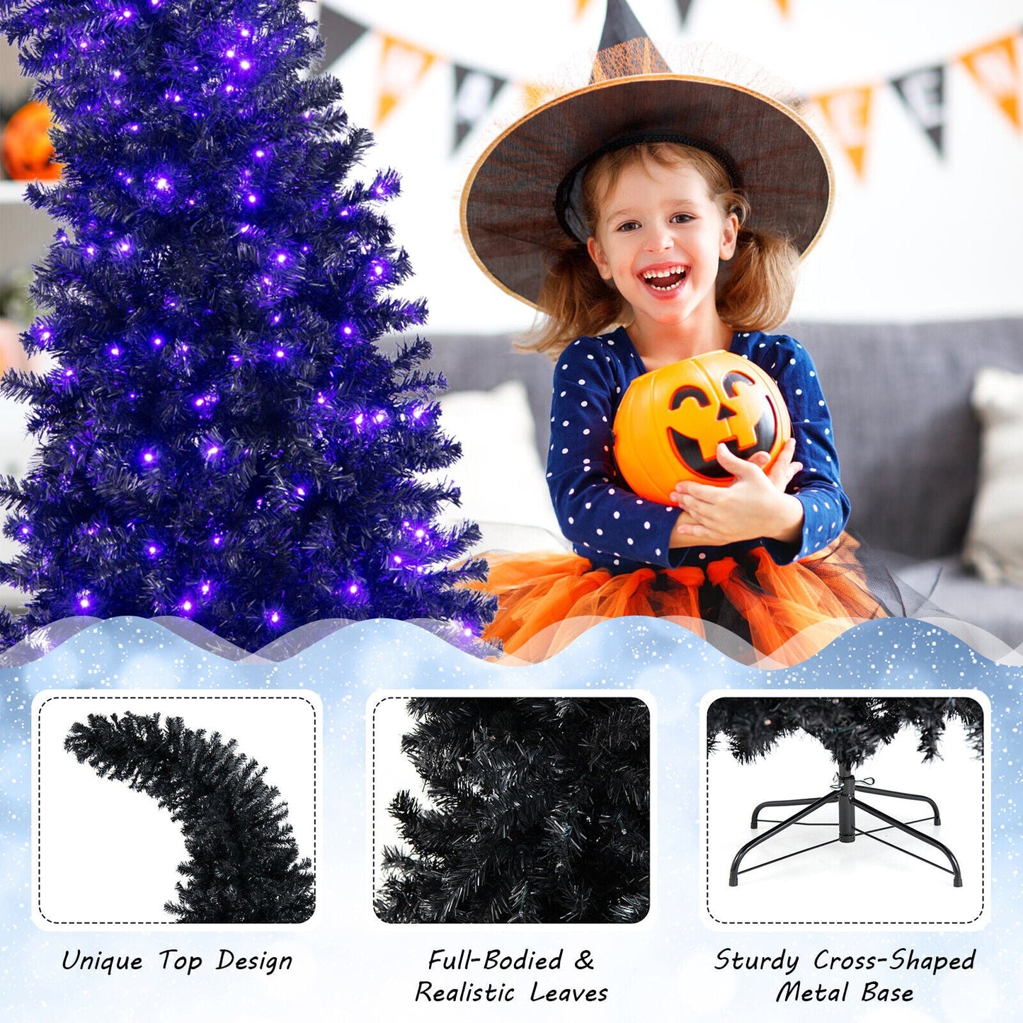 7 Feet Pre-Lit Black Halloween Tree with 8 Flash Modes and 400 Lights