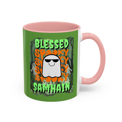 Spooky Blessed Samhain Ghost GNfont Accent Mug by cypherpunkgear – cypherpunkgear.com | Cypherpunk Merch