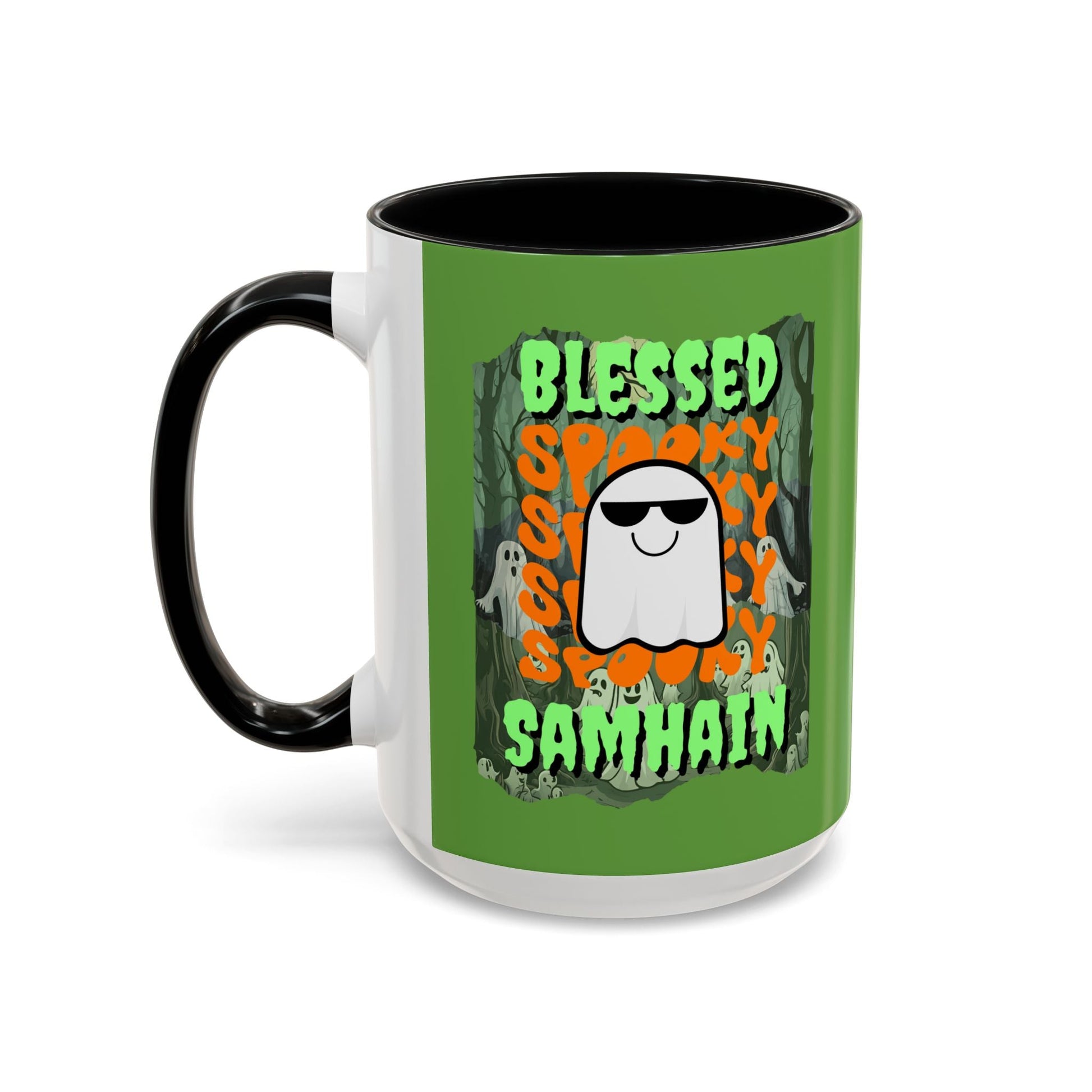 Spooky Blessed Samhain Ghost GNfont Accent Mug by cypherpunkgear – cypherpunkgear.com | Cypherpunk Merch