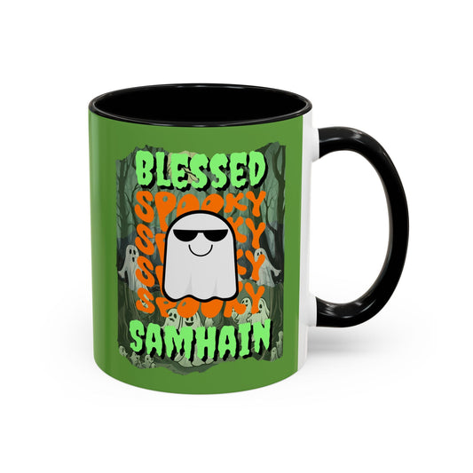 Spooky Blessed Samhain Ghost GNfont Accent Mug by cypherpunkgear – cypherpunkgear.com | Cypherpunk Merch