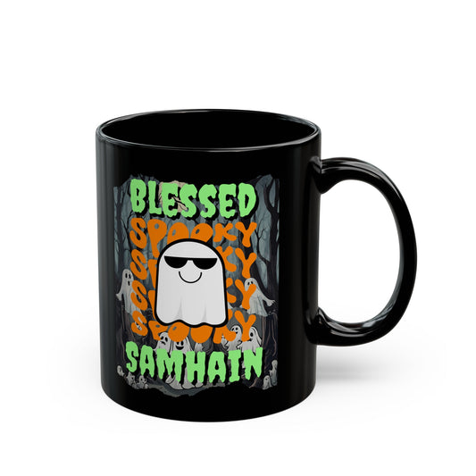 Spooky Blessed Samhain Ghost GNfont Black Mug by cypherpunkgear – cypherpunkgear.com | Cypherpunk Merch