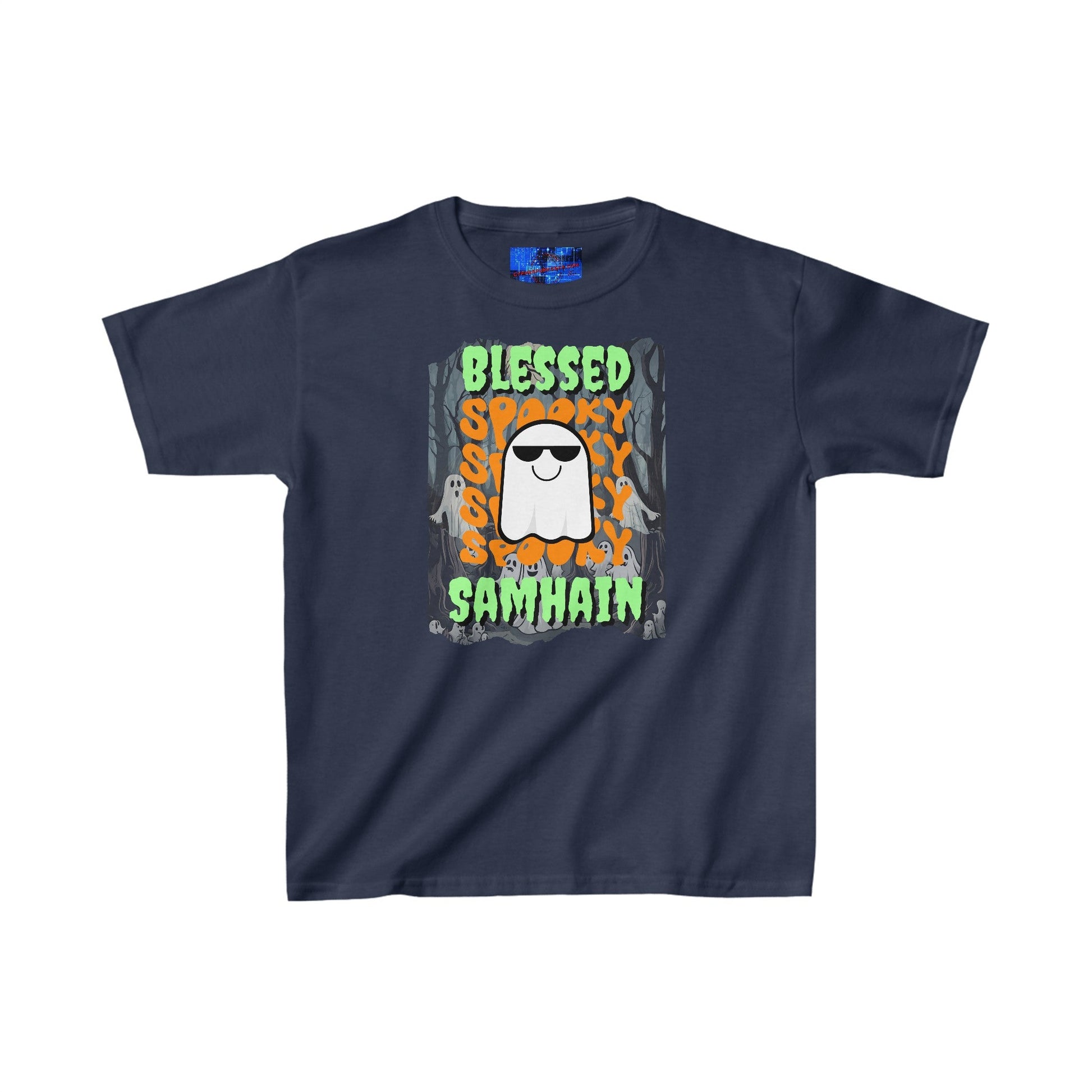 Spooky Blessed Samhain Ghost GNfont Kids Heavy Cotton™ Tee by cypherpunkgear – cypherpunkgear.com | Cypherpunk Merch