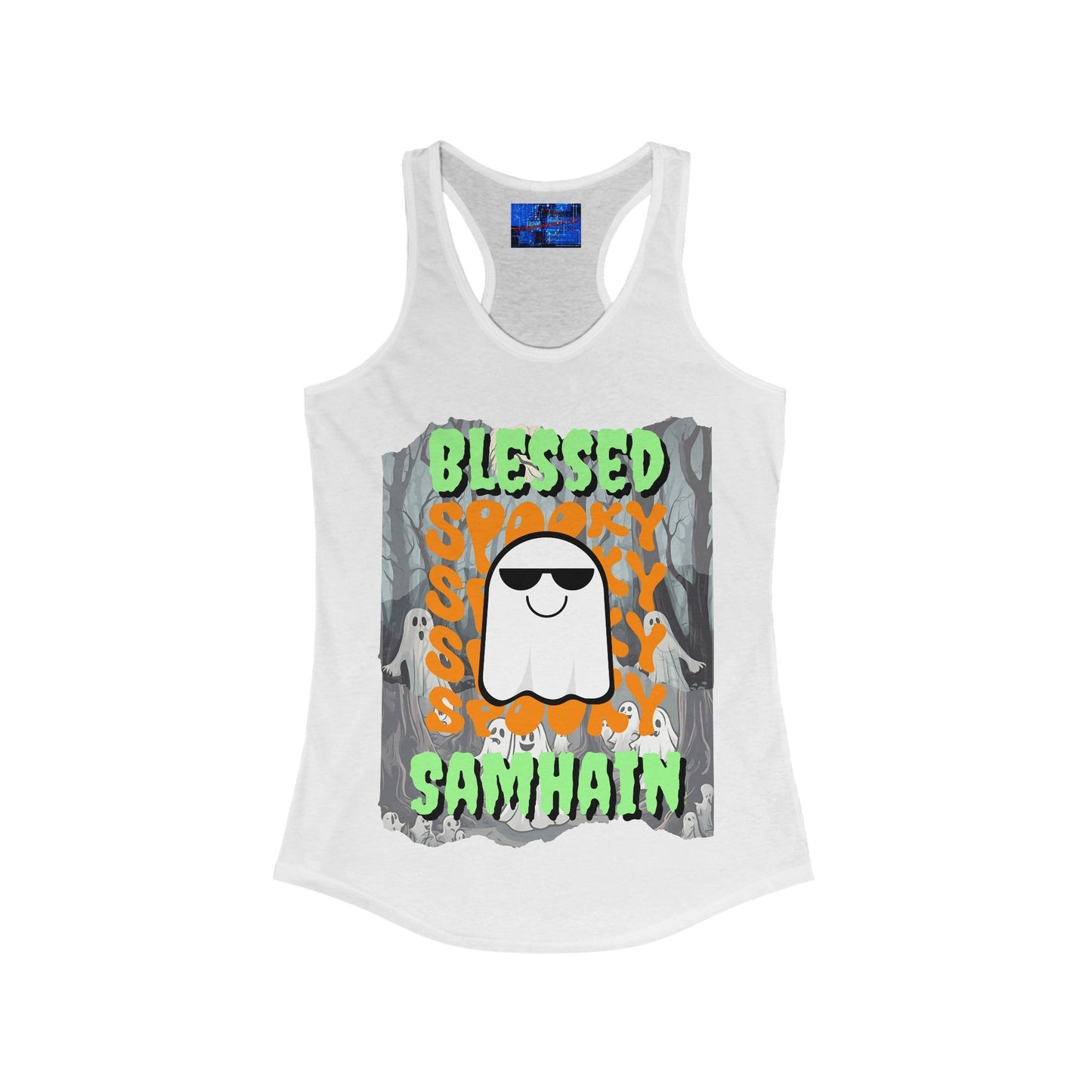 Spooky Blessed Samhain Ghost GNfont Women's Racerback Tank Top by cypherpunkgear – cypherpunkgear.com | Cypherpunk Merch