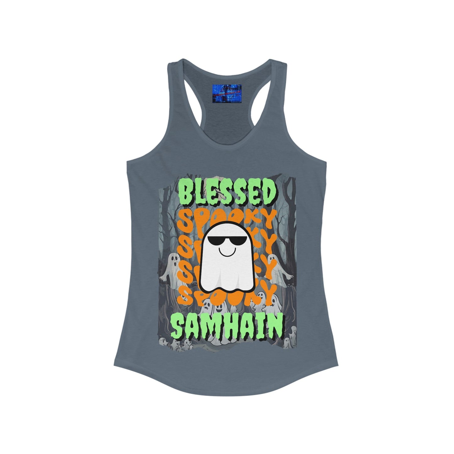 Spooky Blessed Samhain Ghost GNfont Women's Racerback Tank Top by cypherpunkgear – cypherpunkgear.com | Cypherpunk Merch