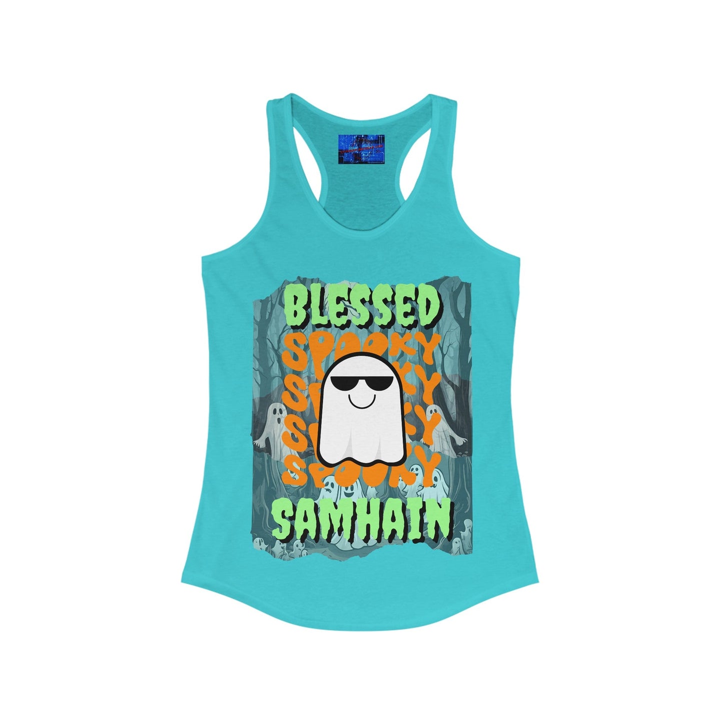 Spooky Blessed Samhain Ghost GNfont Women's Racerback Tank Top by cypherpunkgear – cypherpunkgear.com | Cypherpunk Merch