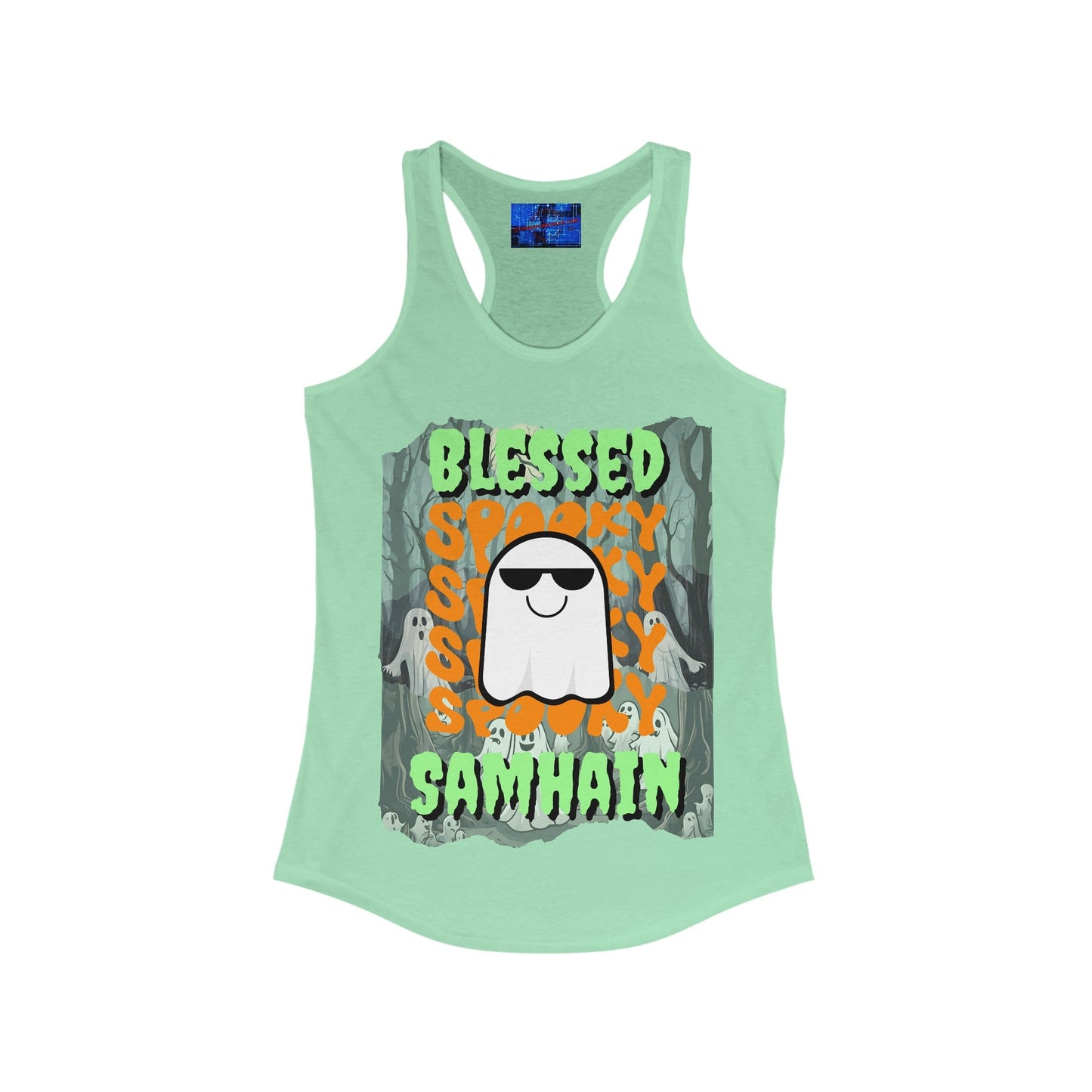Spooky Blessed Samhain Ghost GNfont Women's Racerback Tank Top by cypherpunkgear – cypherpunkgear.com | Cypherpunk Merch