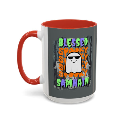 Spooky Blessed Samhain Ghost MXfont Accent Mug by cypherpunkgear – cypherpunkgear.com | Cypherpunk Merch