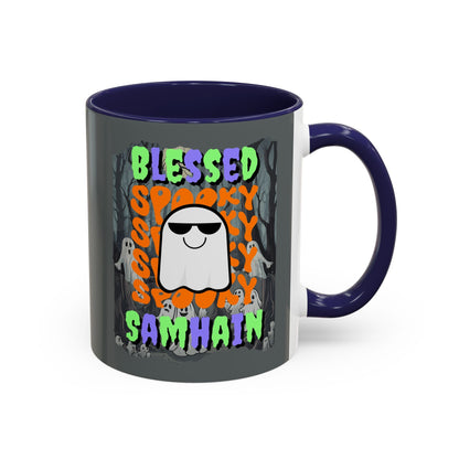 Spooky Blessed Samhain Ghost MXfont Accent Mug by cypherpunkgear – cypherpunkgear.com | Cypherpunk Merch