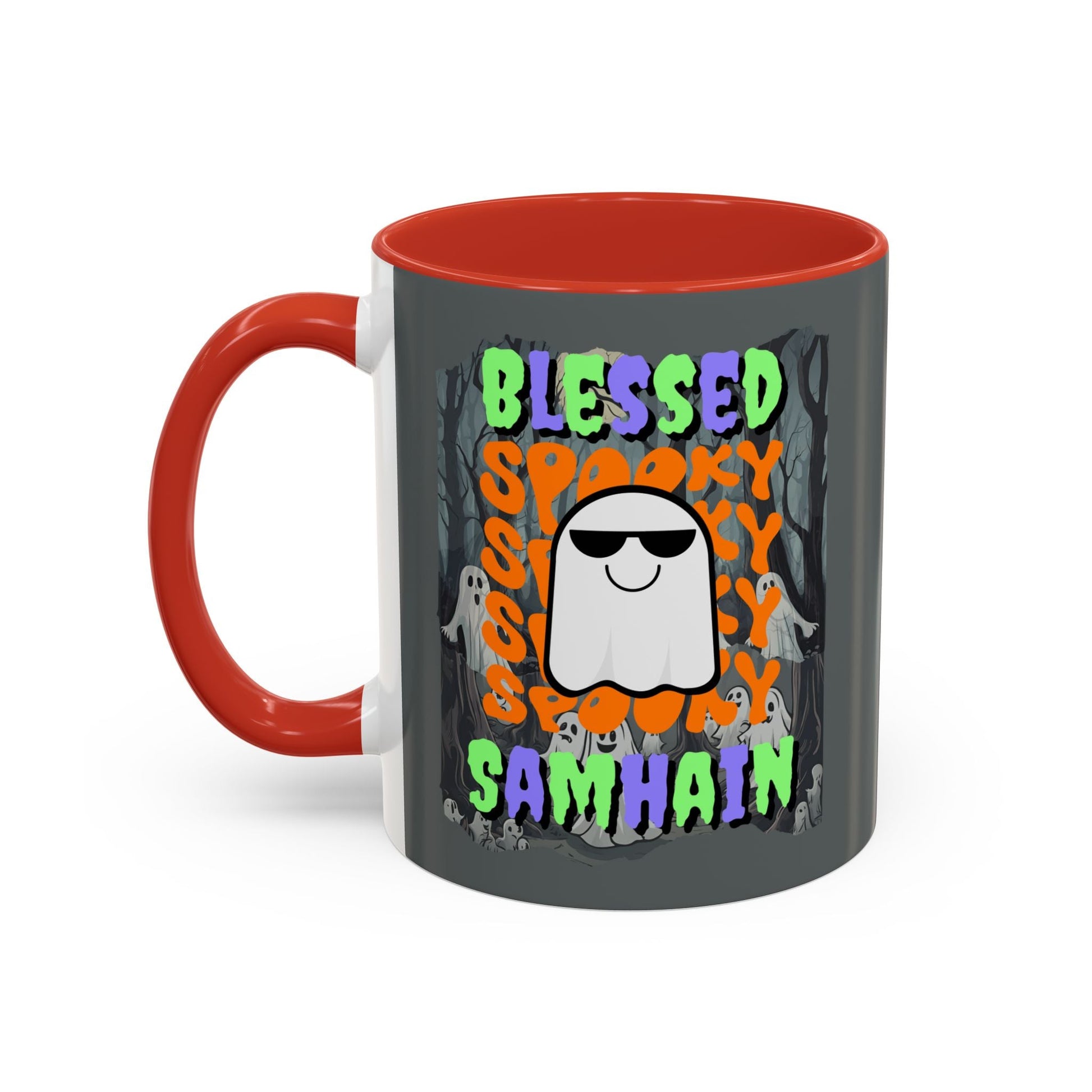 Spooky Blessed Samhain Ghost MXfont Accent Mug by cypherpunkgear – cypherpunkgear.com | Cypherpunk Merch