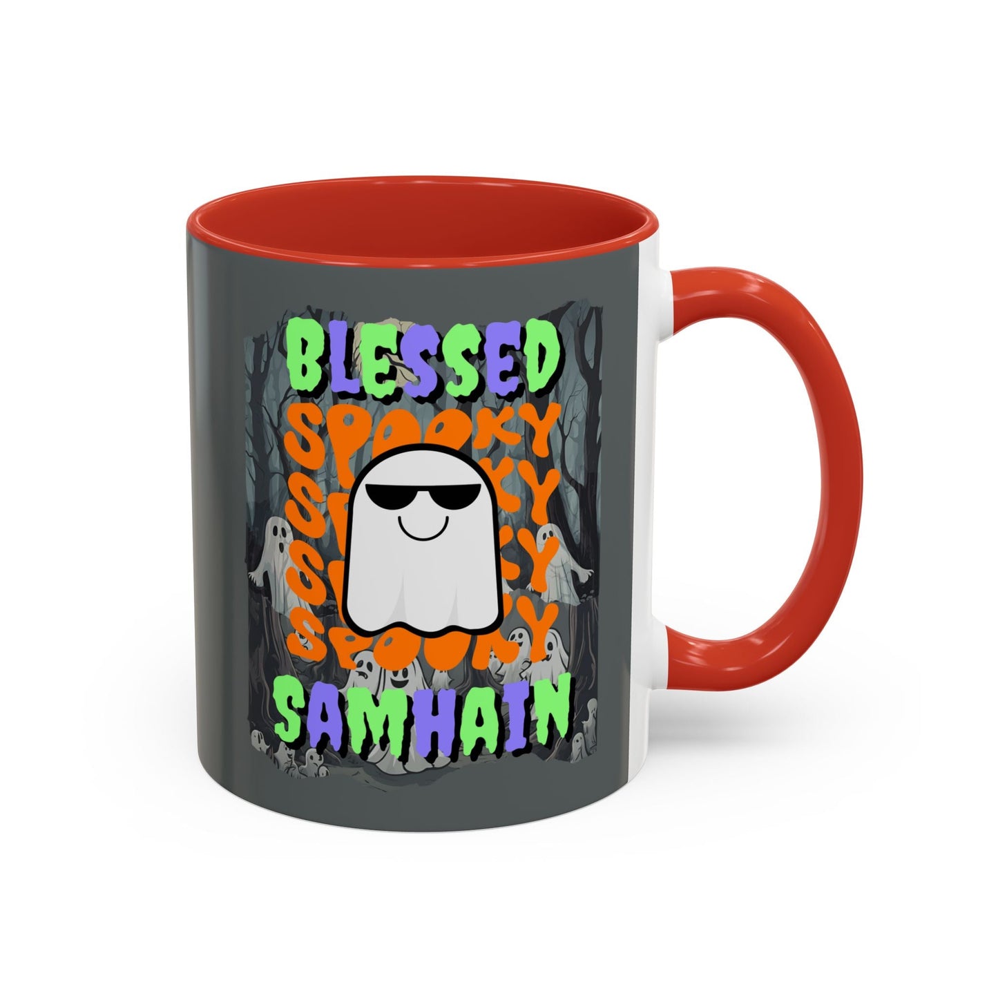 Spooky Blessed Samhain Ghost MXfont Accent Mug by cypherpunkgear – cypherpunkgear.com | Cypherpunk Merch