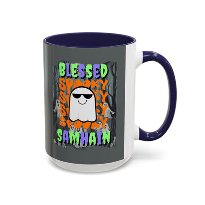 Spooky Blessed Samhain Ghost MXfont Accent Mug by cypherpunkgear – cypherpunkgear.com | Cypherpunk Merch