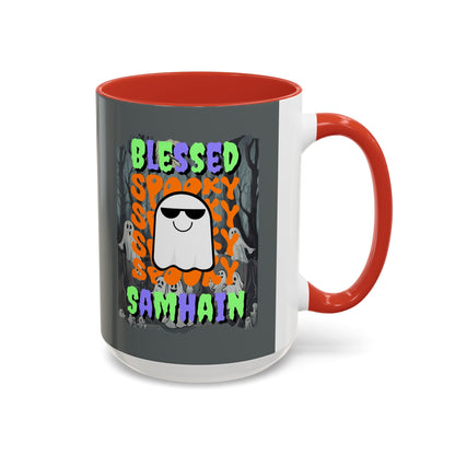 Spooky Blessed Samhain Ghost MXfont Accent Mug by cypherpunkgear – cypherpunkgear.com | Cypherpunk Merch