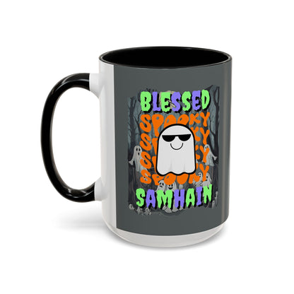 Spooky Blessed Samhain Ghost MXfont Accent Mug by cypherpunkgear – cypherpunkgear.com | Cypherpunk Merch