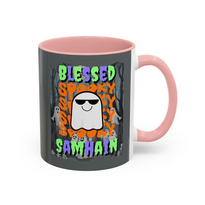 Spooky Blessed Samhain Ghost MXfont Accent Mug by cypherpunkgear – cypherpunkgear.com | Cypherpunk Merch