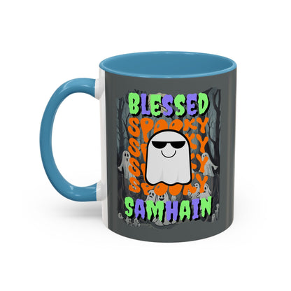 Spooky Blessed Samhain Ghost MXfont Accent Mug by cypherpunkgear – cypherpunkgear.com | Cypherpunk Merch