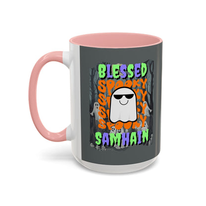 Spooky Blessed Samhain Ghost MXfont Accent Mug by cypherpunkgear – cypherpunkgear.com | Cypherpunk Merch