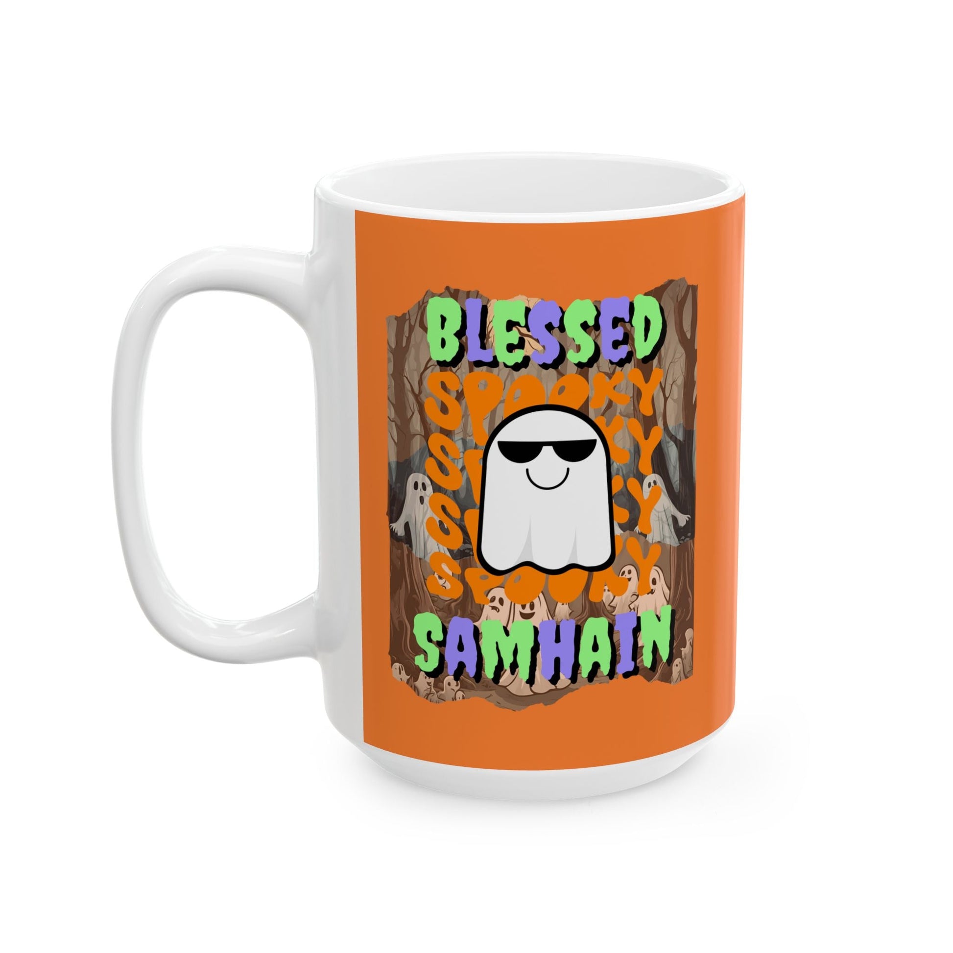 Spooky Blessed Samhain Ghost MXfont Orange Mug by cypherpunkgear – cypherpunkgear.com | Cypherpunk Merch