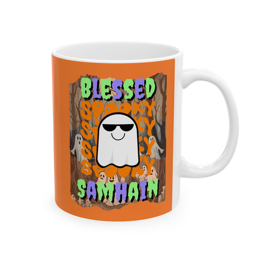 Spooky Blessed Samhain Ghost MXfont Orange Mug by cypherpunkgear – cypherpunkgear.com | Cypherpunk Merch