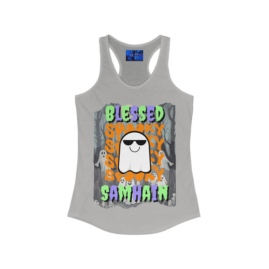 Spooky Blessed Samhain Ghost MXfont Women's Racerback Tank Top by cypherpunkgear – cypherpunkgear.com | Cypherpunk Merch