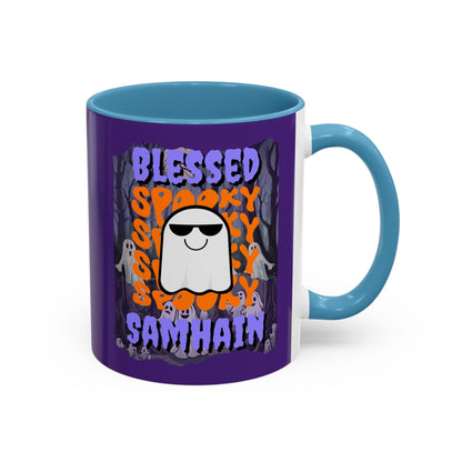 Spooky Blessed Samhain Ghost PRfont Accent Mug by cypherpunkgear – cypherpunkgear.com | Cypherpunk Merch