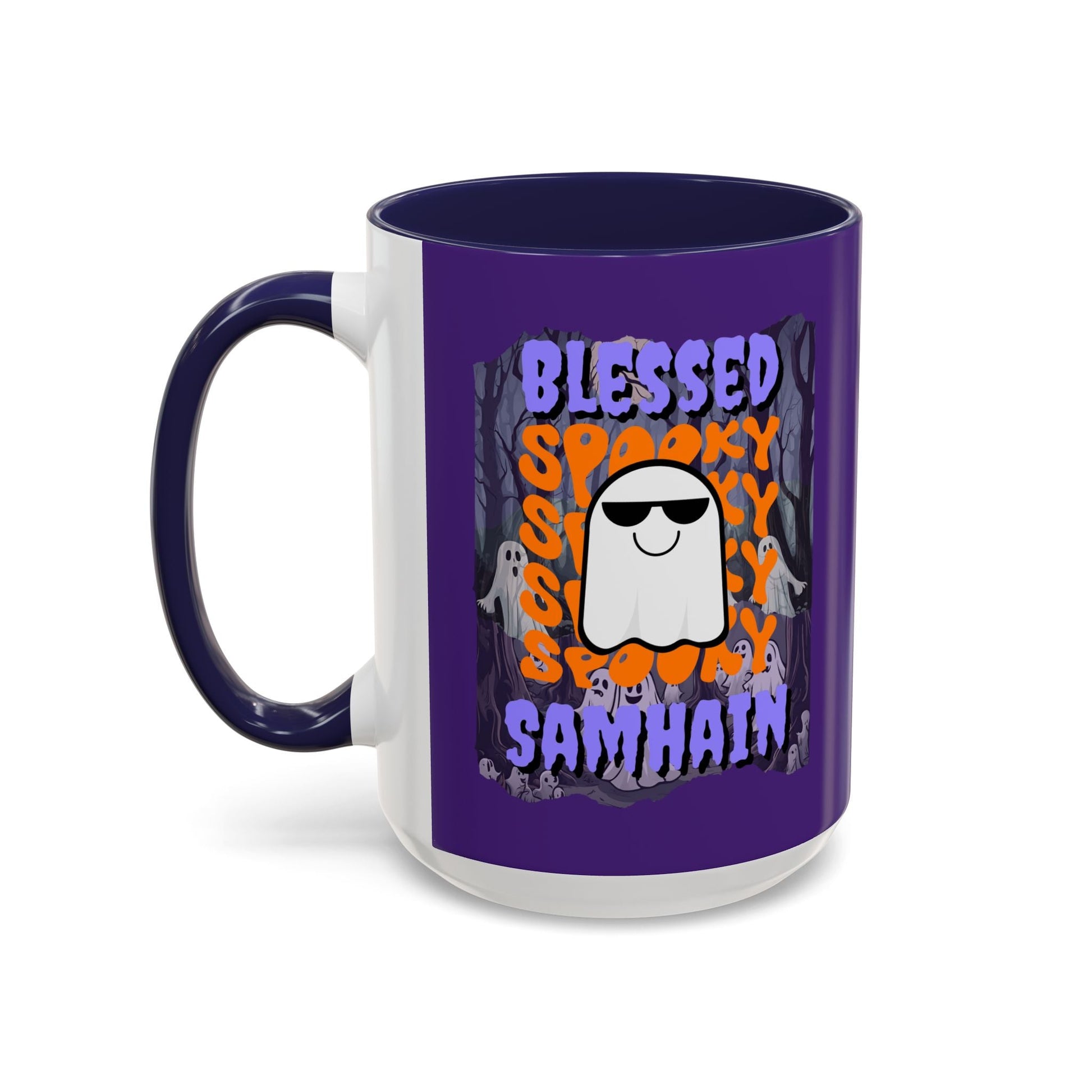 Spooky Blessed Samhain Ghost PRfont Accent Mug by cypherpunkgear – cypherpunkgear.com | Cypherpunk Merch