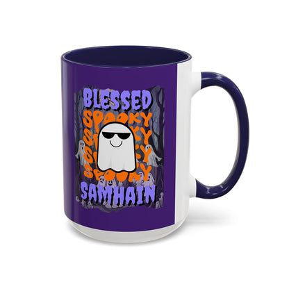 Spooky Blessed Samhain Ghost PRfont Accent Mug by cypherpunkgear – cypherpunkgear.com | Cypherpunk Merch