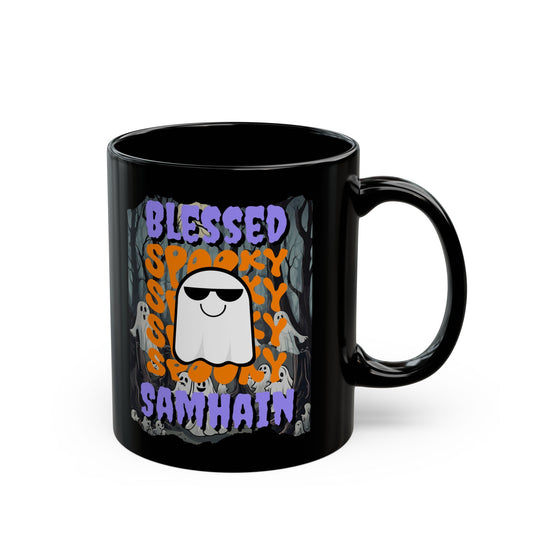 Spooky Blessed Samhain Ghost PRfont Black Mug by cypherpunkgear – cypherpunkgear.com | Cypherpunk Merch