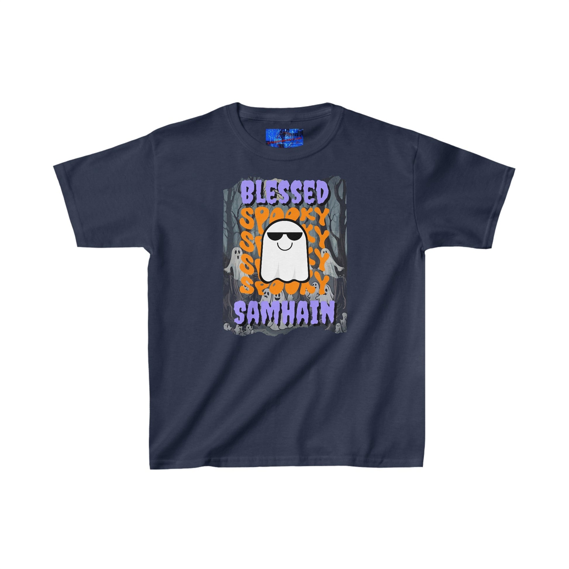 Spooky Blessed Samhain Ghost PRfont Kids Heavy Cotton™ Tee by cypherpunkgear – cypherpunkgear.com | Cypherpunk Merch