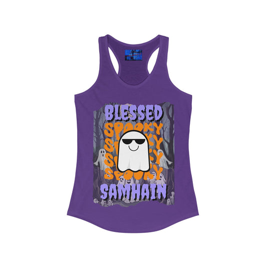 Spooky Blessed Samhain Ghost PRfont Women's Racerback Tank Top by cypherpunkgear – cypherpunkgear.com | Cypherpunk Merch
